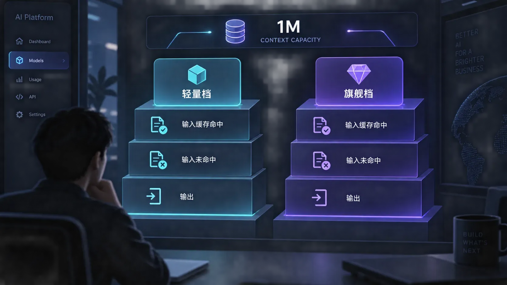 深色仪表盘展示 DeepSeek V4 双档计量结构，轻量档与旗舰档各三格台阶只标档位不标数字，顶部横幅标注 1M 上下文