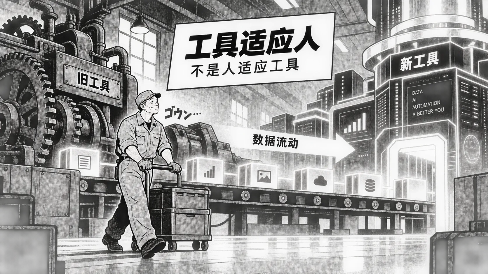 漫画网点风插画,画面左侧一台布满铆钉的老式齿轮机器平稳运转,右侧一座发光的几何数据平台拔地而起,中间一条传送带把一箱箱数据从旧机器送往新平台,一名年长的车间主任推着推车从容走过