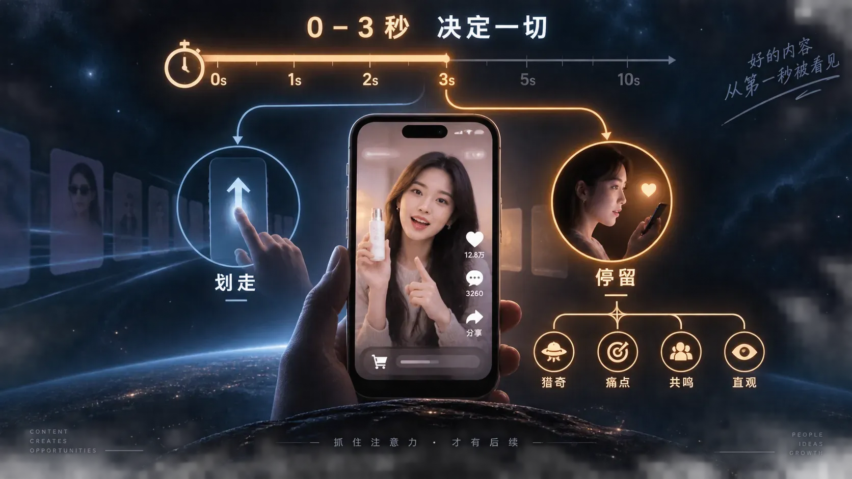 手机竖屏播放带货视频,上方一条前三秒倒计时时间轴,下方分成划走与停留两条分支