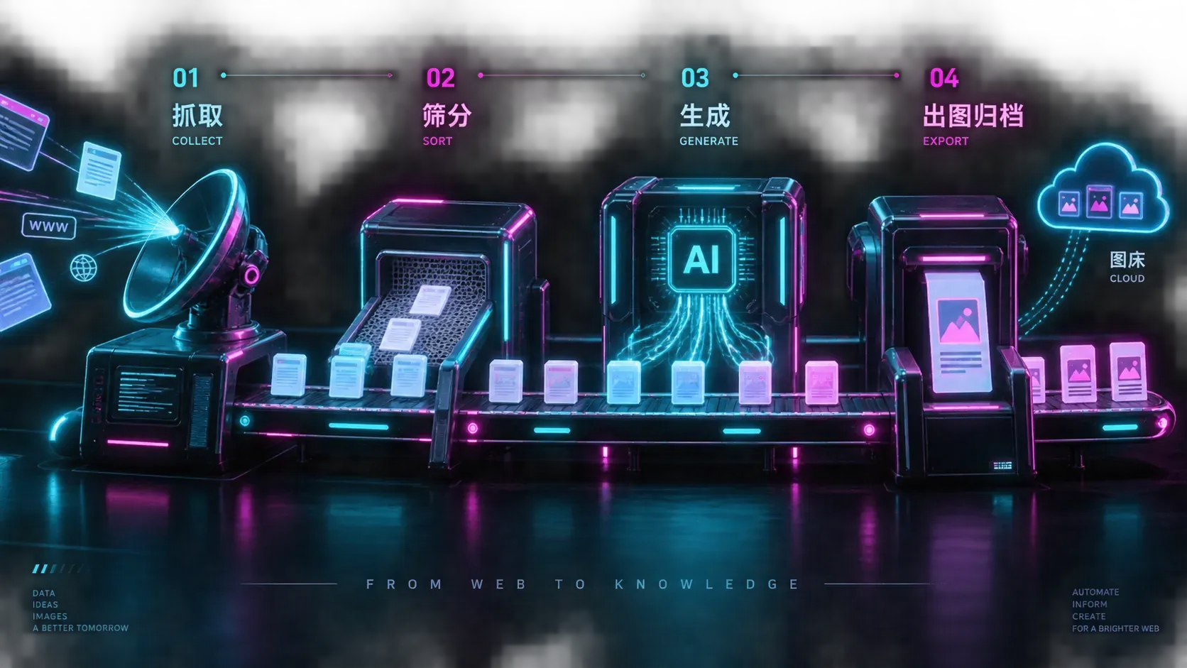 霓虹线框插画，一条产线四个工位，网页抓取、词条筛分、AI 生成、卡片出图依次衔接，表现小红书卡片批量产线全貌