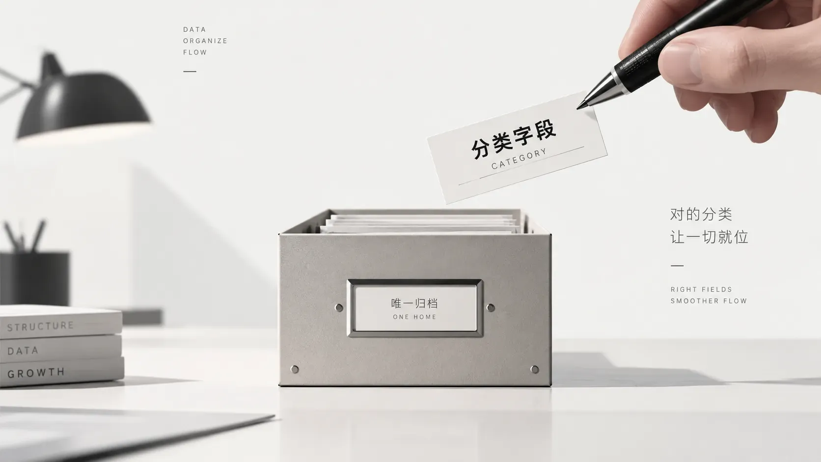 信息设计插画，一支笔尖把一枚标签对准长桌上唯一的档案匣，克制配色，大面积留白