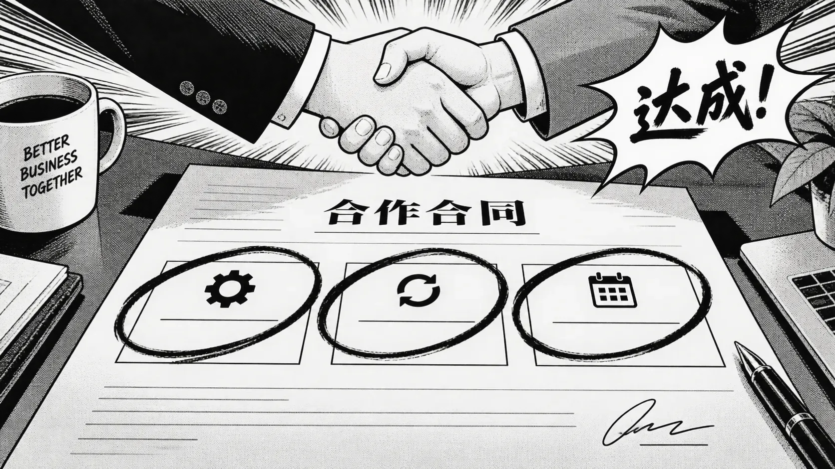 漫画网点风插画,一张铺满桌面的巨大合同纸特写,纸上三个空白条款格被粗墨线圈出,两只手在纸上方郑重握手,背景是网点阴影和放射状集中线