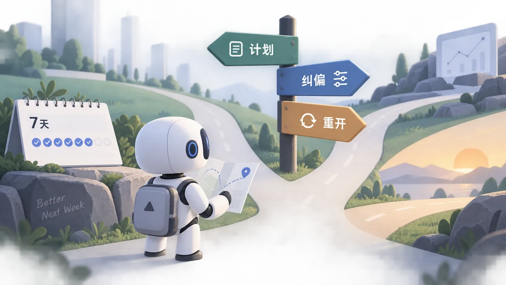岔路排查插画,路牌指向计划、纠偏、重开三个方向,小机器人对照地图和七天日历选择路径