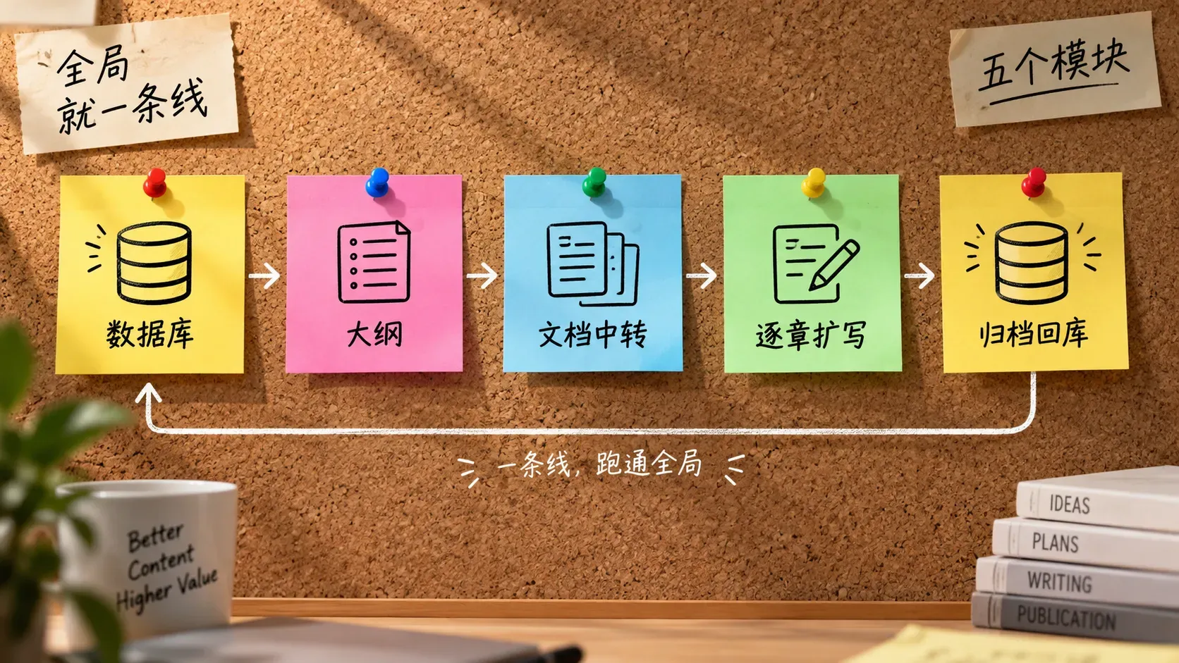 软木板便签看板上五个环节排成一条线的长文流水线插图
