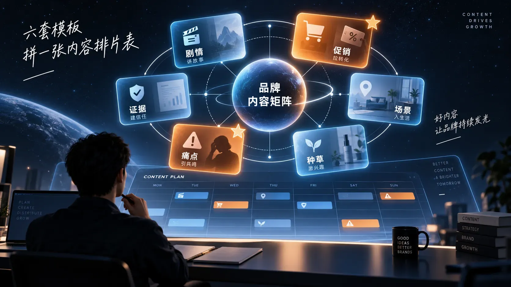 六套带货视频模板围成环形排片表,其中促销与痛点两张卡片暖橙高亮