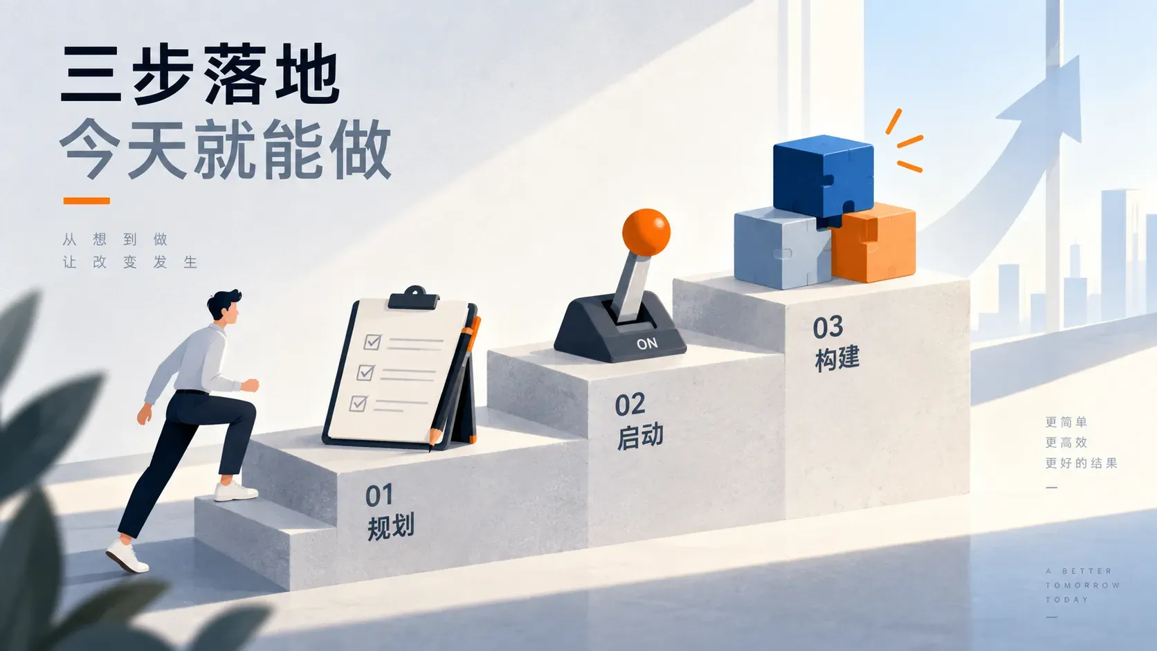极简概念插图,三级台阶上依次是写字板、拨杆开关和拼合积木,代表三步落地