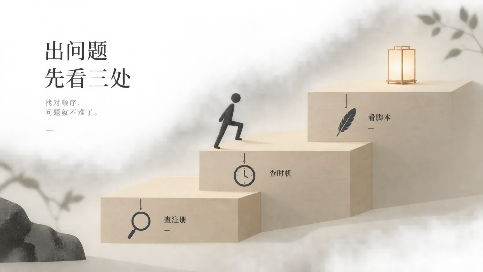 极简三段台阶排查图,火柴人沿三级浅台阶向上走,每级台阶侧面分别挂着放大镜、时钟与羽毛的极简剪影