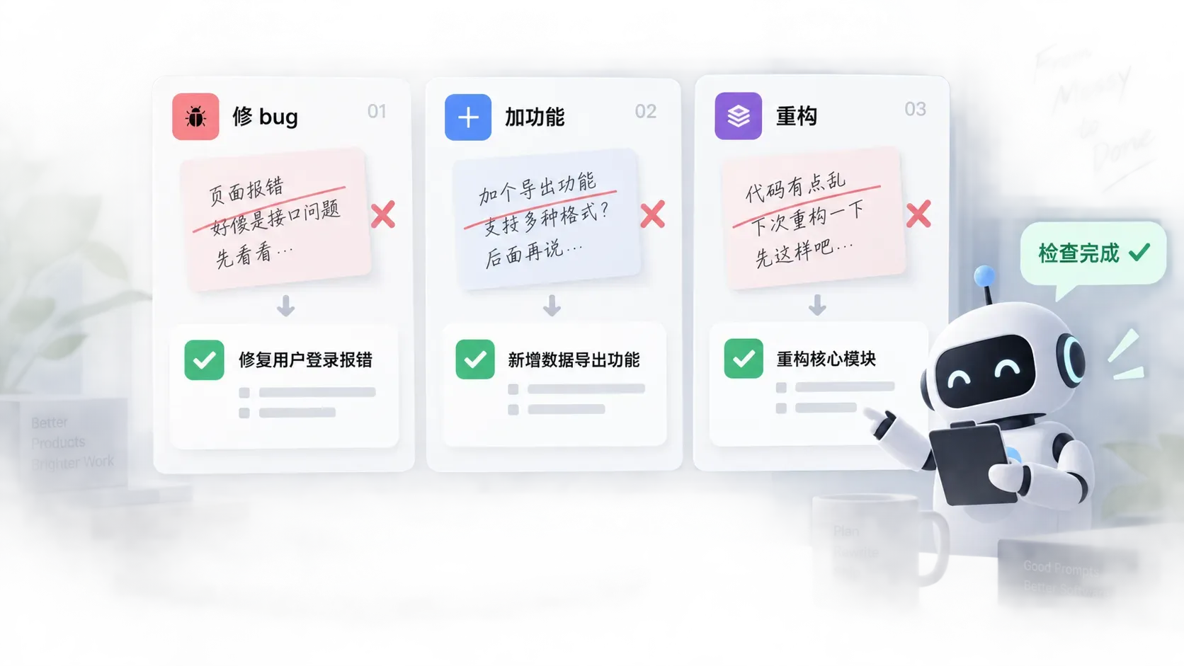 三张并排任务单插画,模糊草稿被划掉,改写后的工程任务被逐项打勾,小机器人在旁核对
