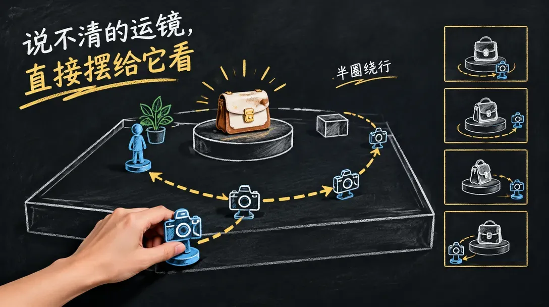 黑板粉笔手绘,3D舞台沙盘上人物与商品棋子各就各位,一只手拖着摄像机沿虚线轨迹绕产品半圈