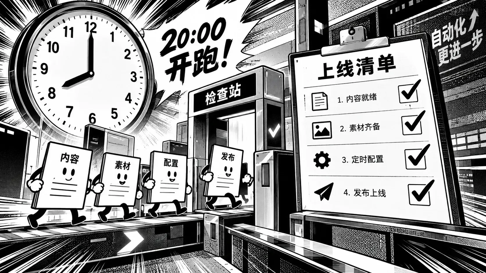 定时时钟触发条目归队配合上线清单逐项打勾的示意图