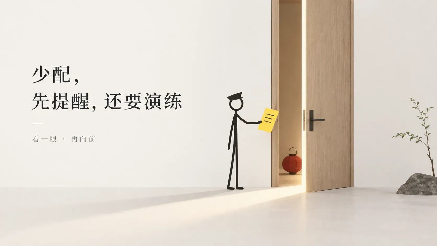 极简插图,一只火柴人守在窄门口,先递出一张黄色提醒便签而不是关死木门,门缝里透出一条亮着的通道