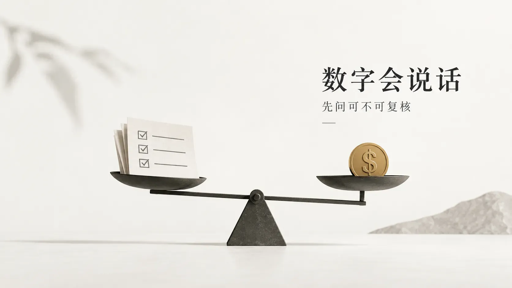 极简天平插图,清单纸片一侧下沉压过金币一侧,示意工作量比收益更可复核