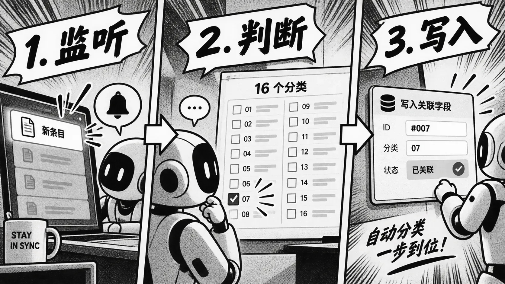 监听新条目、AI对照分类清单判断、写入ID三格漫画流程图