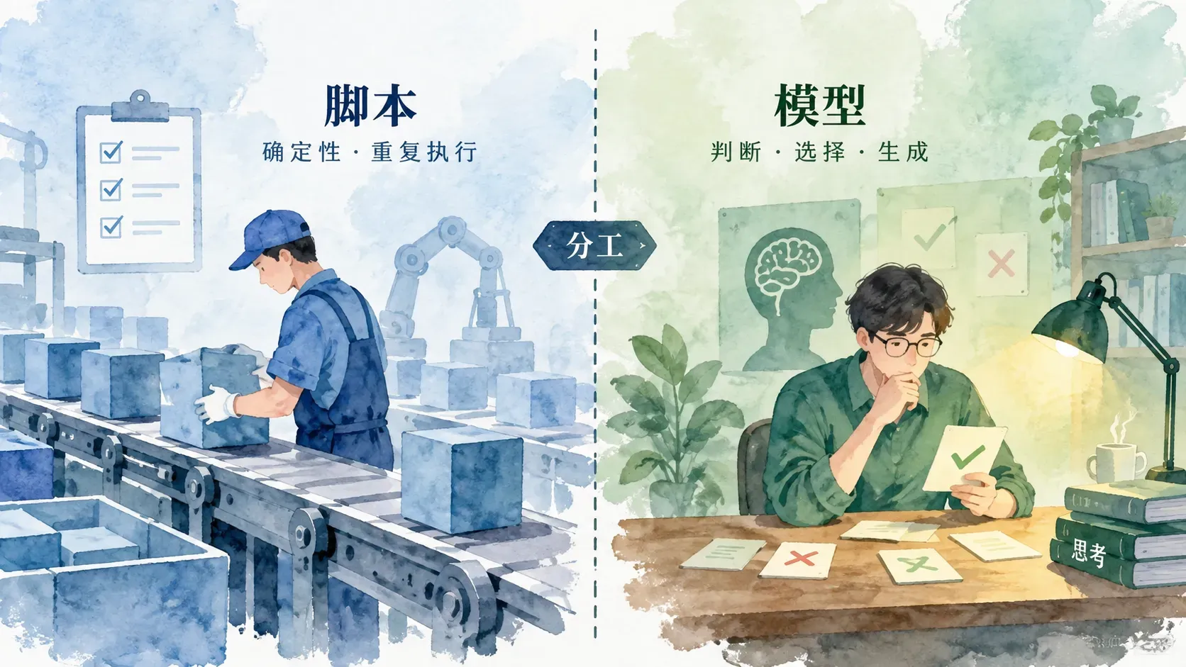 水彩插画左侧小工匠在流水线重复搬运方块，右侧思考者在灯下审视卡片，中间一条分工线隔开两个区域