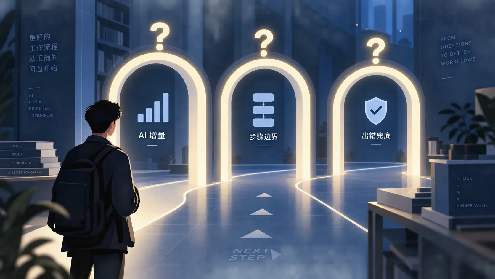 三条判断图解,通道内三道发光拱门各悬一枚问号,象征迁移前的三道关卡