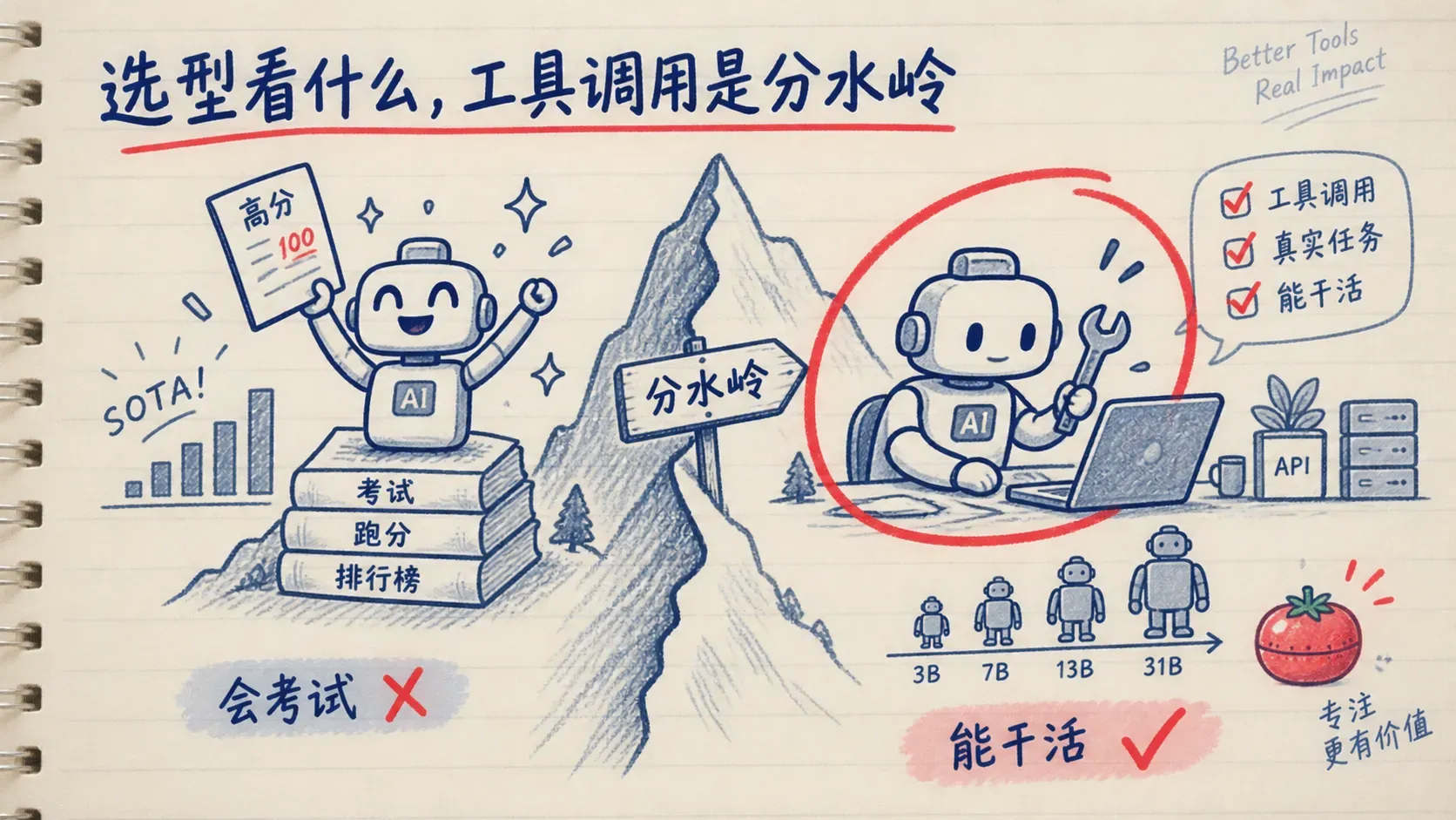 线圈本手绘模型选型分水岭,一边是高分试卷一边是动手干活,标尺上模型从 3B 到 31B 逐渐变大
