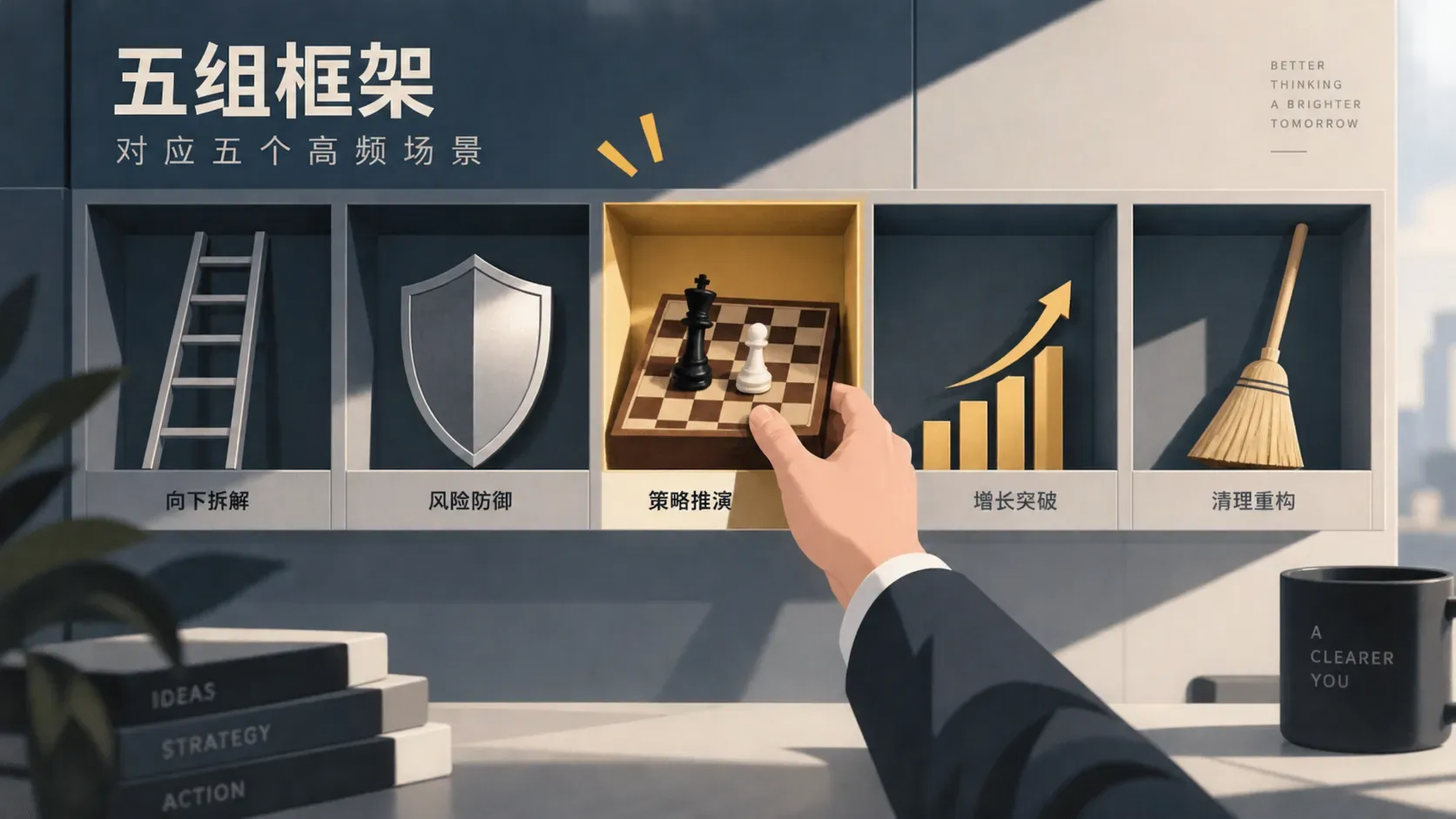 概念插图,五格工具墙上摆放梯子盾牌棋盘曲线和扫帚等隐喻物件,一只手正在取用