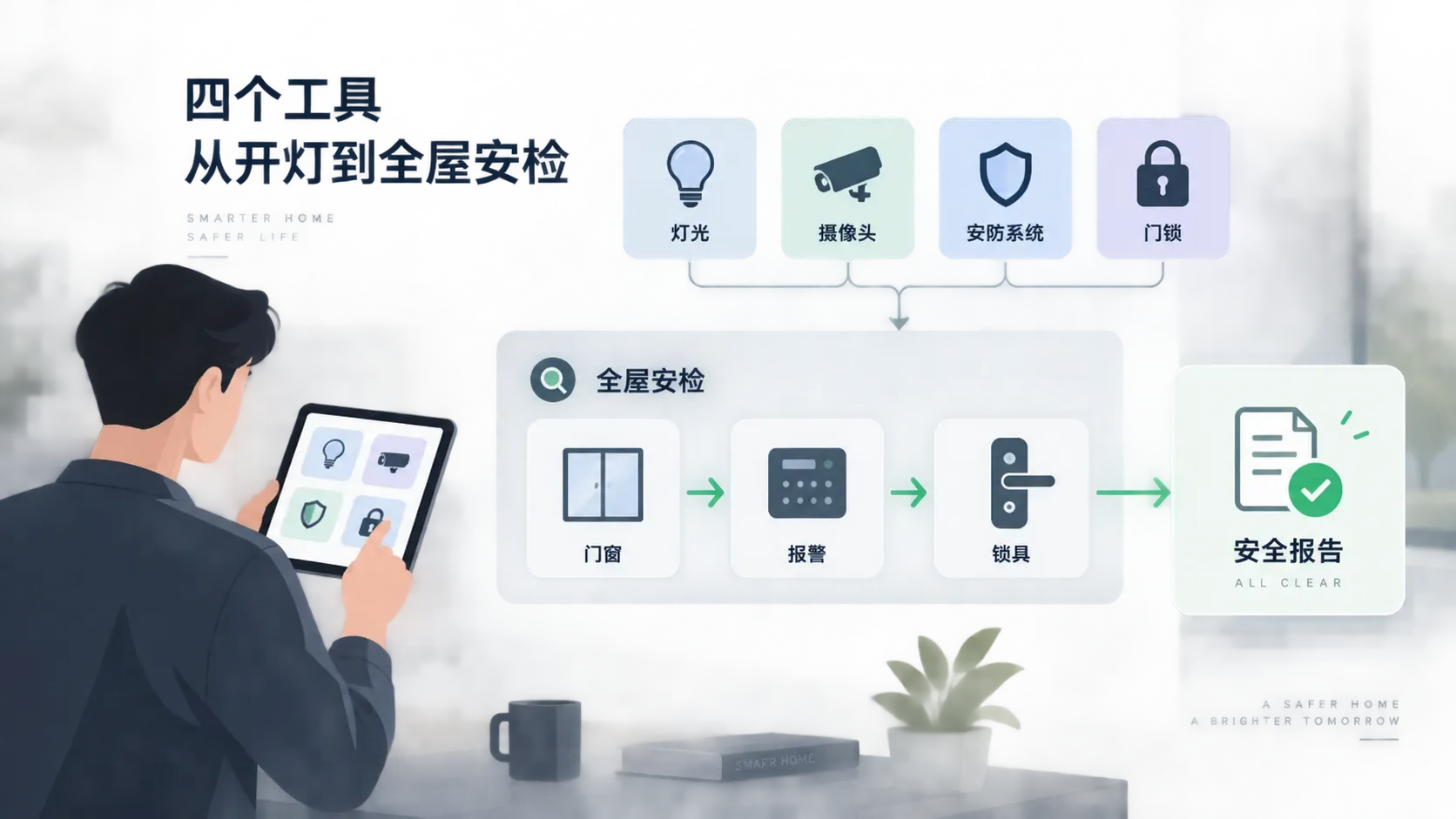 系统图展示四个智能家居工具方块,安全检查路径依次经过门窗传感器、报警面板与锁具汇入报告