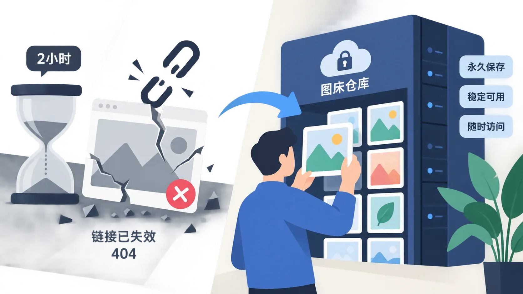 链接过期碎裂与图床仓库永久保存对比的扁平矢量插图