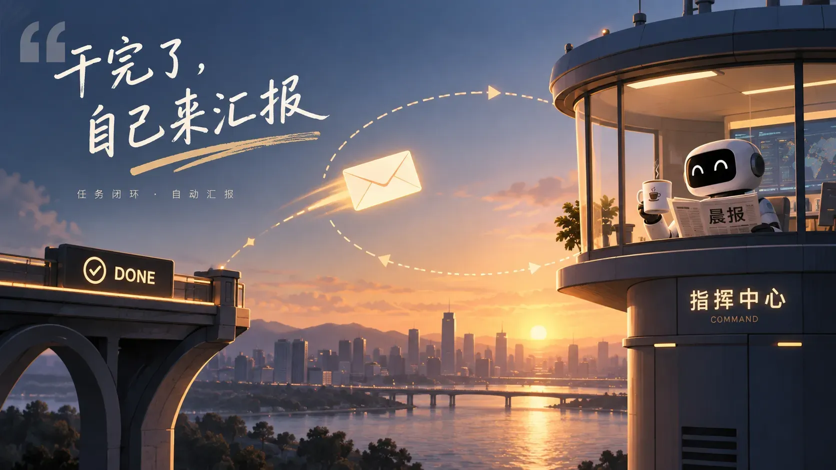 棕金插画一枚信封沿环形虚线飞向黎明中亮灯的指挥塔，塔里机器人端着咖啡阅读完成的任务晨报