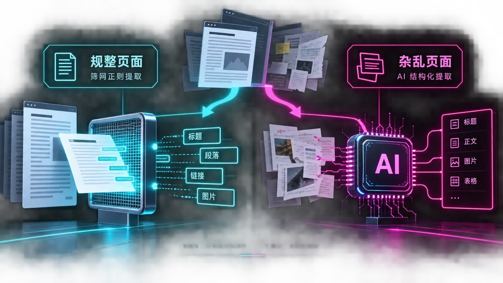 霓虹线框插画，规整文档经发光筛网滤出词条方块，杂乱页面交给 AI 芯片吐出结构化数据，表现按页面脏净选提取方案
