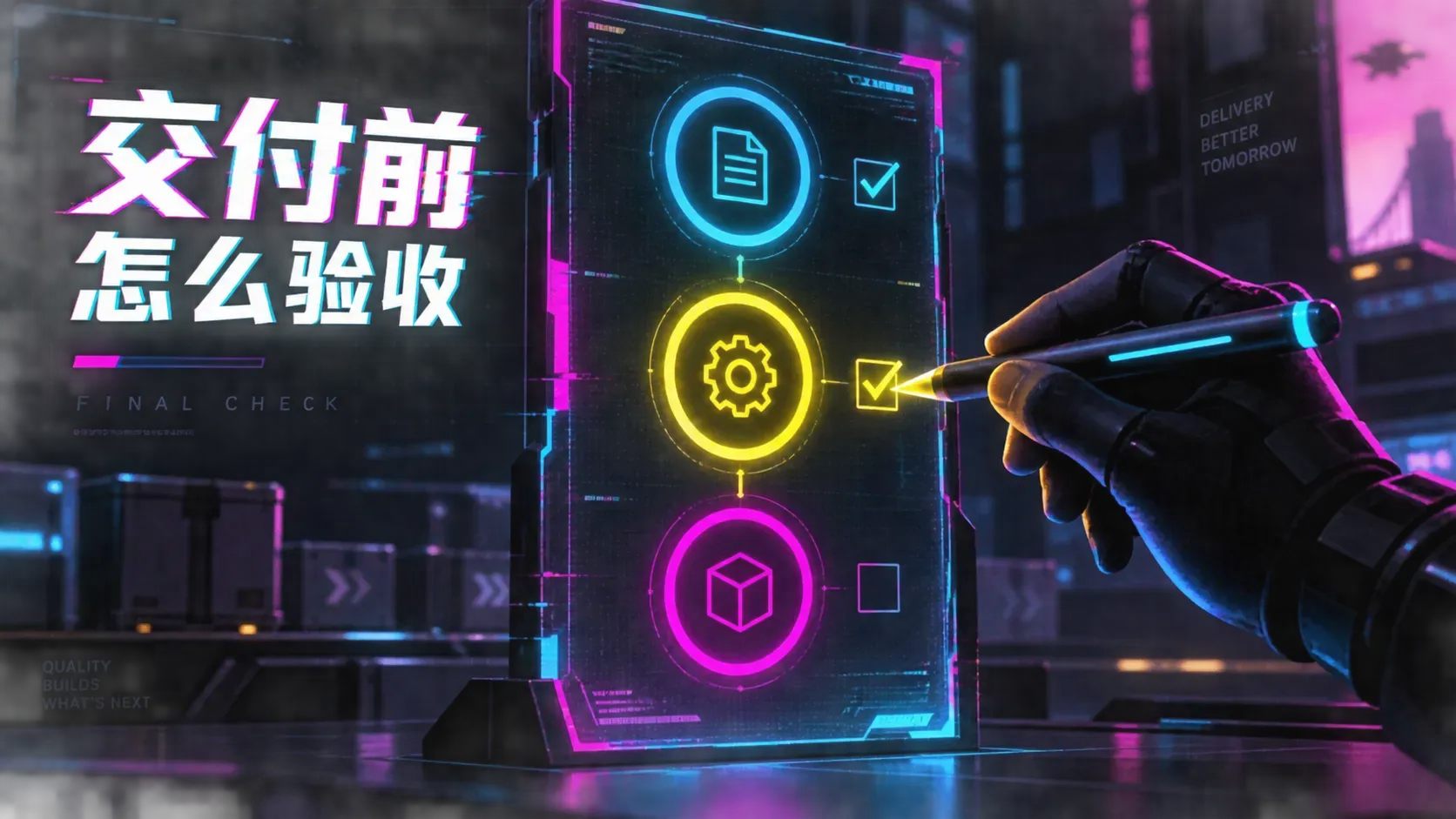 赛博面板插画，一块检控屏上三道关卡指示灯依次亮起，一只光笔悬在屏前核对，深色网格底