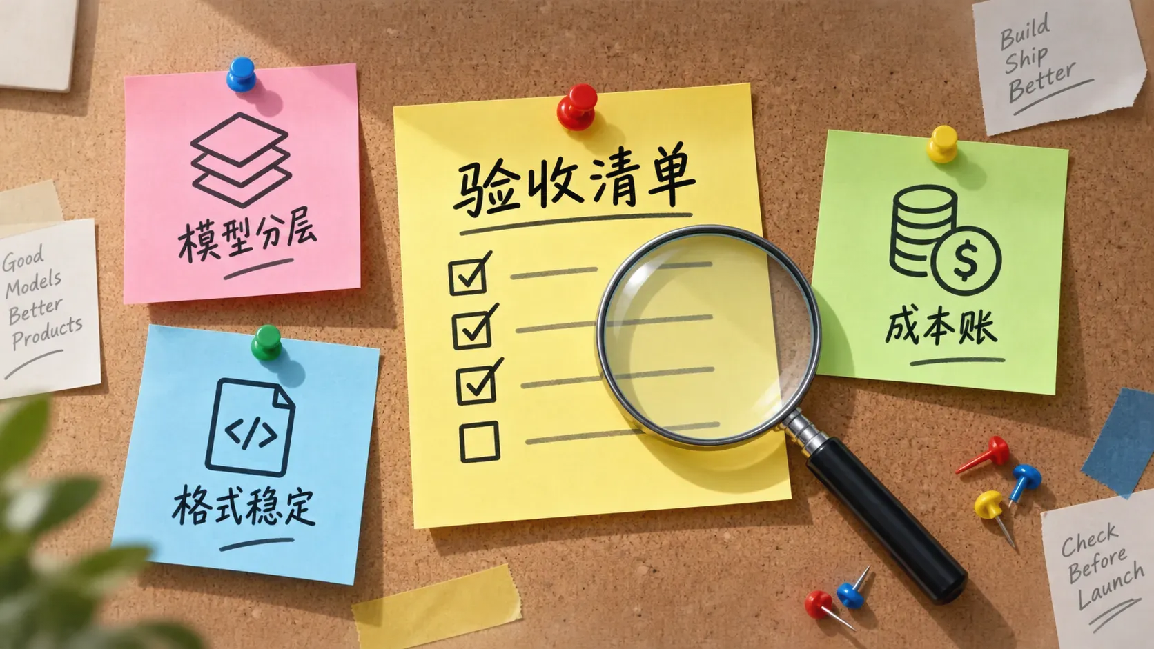 验收清单便签配放大镜与三张要点便签的软木板看板插图