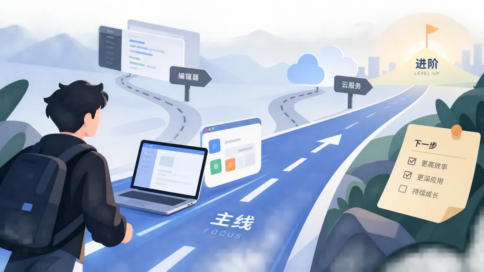 界面插画,路线图上终端与应用窗口走主干道,编辑器与云端入口被虚线绕开,旁有进阶便签,表现重度用户的入口取舍