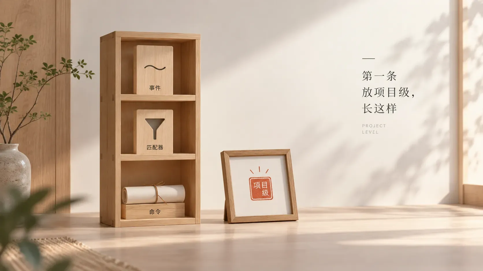 极简三层木架示意一条配置的三层嵌套,顶层一格贴事件名木牌,中层一格贴匹配器木牌,底层一格贴命令纸条,侧边一小格空置的项目级格子被点亮