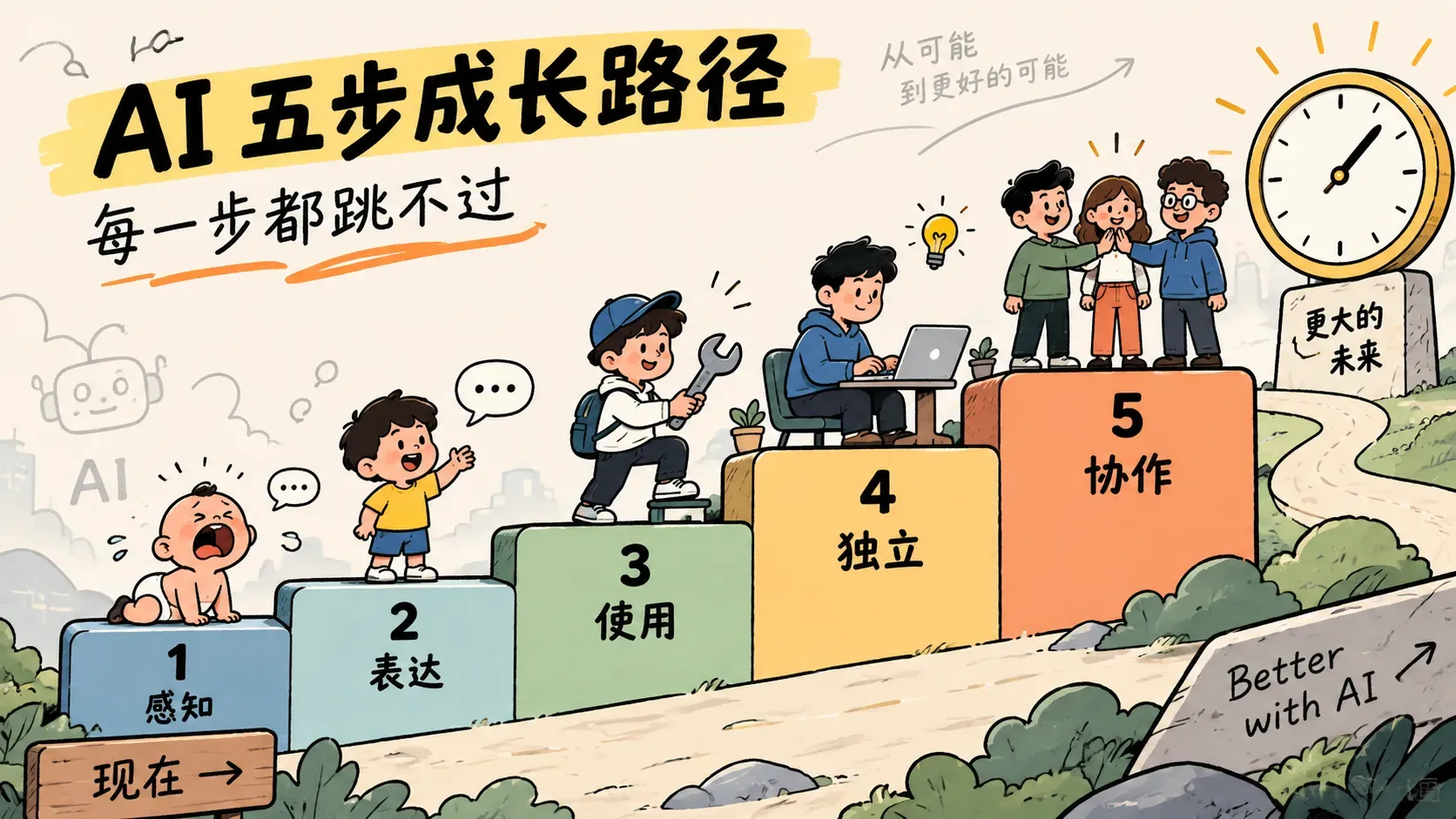 漫画分格插图，五级台阶上卡通角色从啼哭婴儿逐步成长为协作小群体，比喻 AI 的五步成长路径