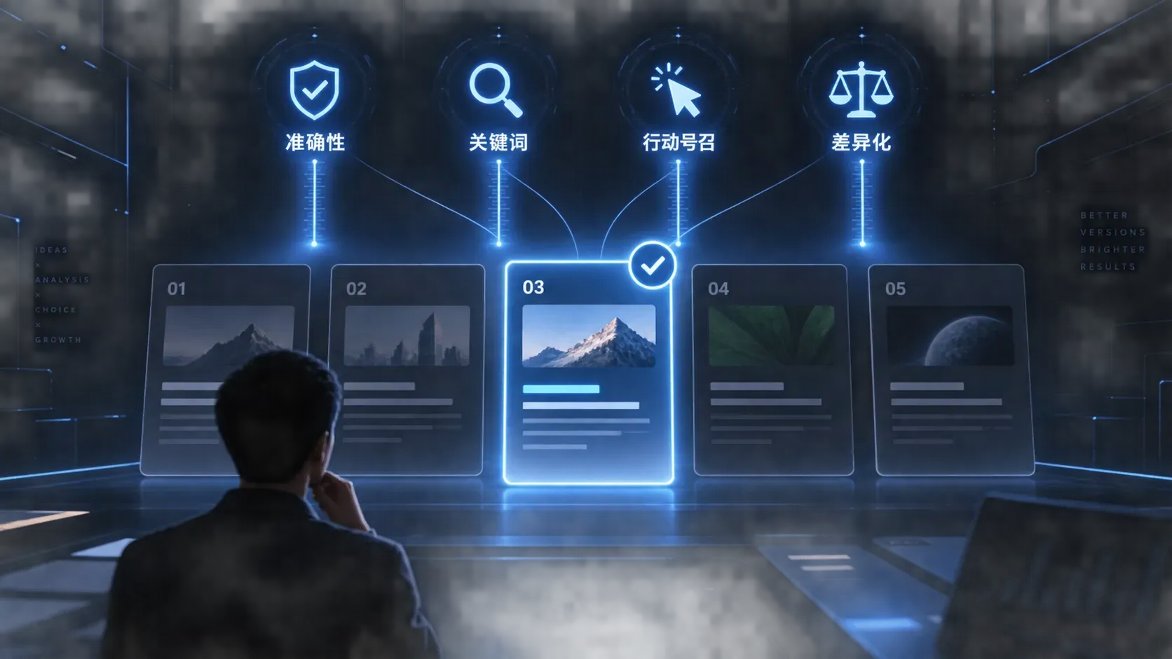 四张候选描述卡片排成一行，上方悬着四把发光的量尺依次照向卡片，其中一张卡片被对勾光圈选中，其余变暗