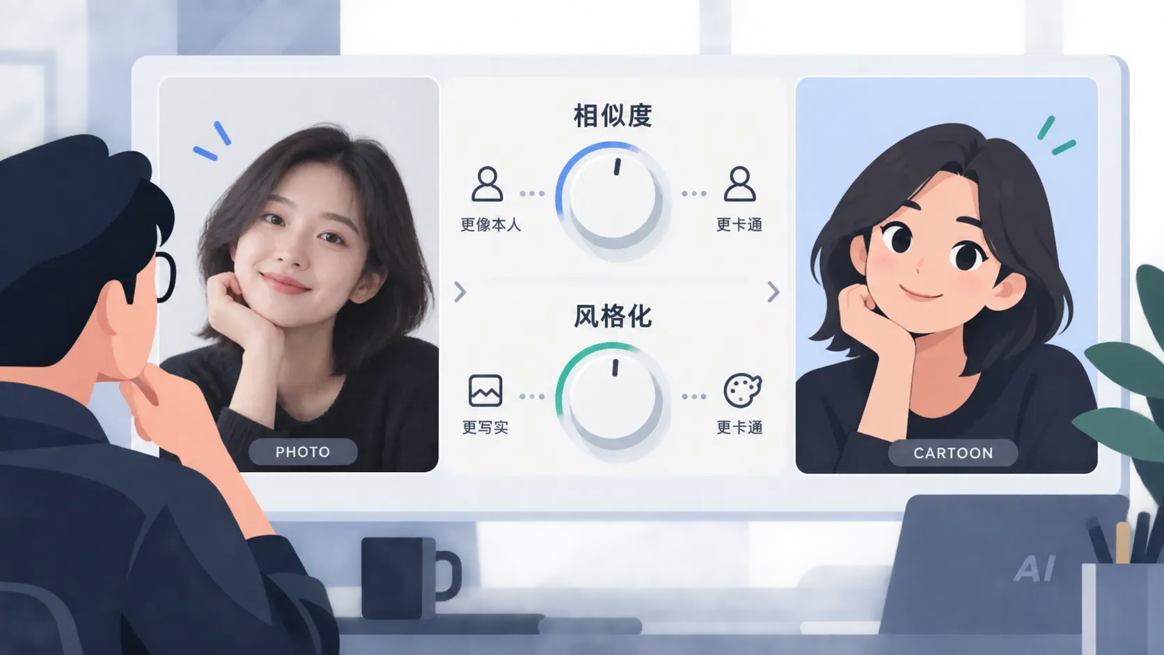 人物照片与卡通贴纸头像对比加两枚参数旋钮的扁平矢量插图