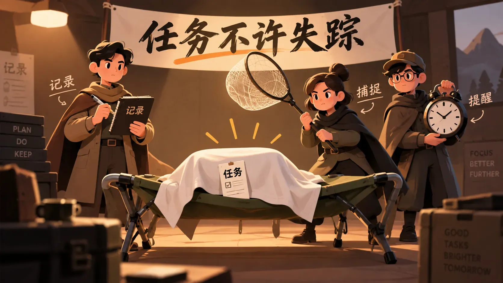 棕金插画三个守护者看守一张任务卡片，分别拿着记录本、捕虫网和闹钟，头顶横幅写着任务不许失踪