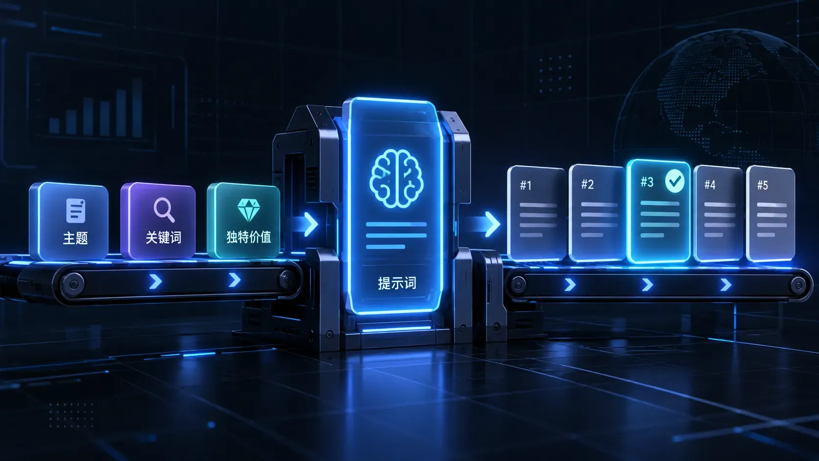 三段式悬浮流水线，左端素材方块进入，中段一张提示词卡片发光运转，右端吐出五张候选描述卡片，箭头贯穿全程