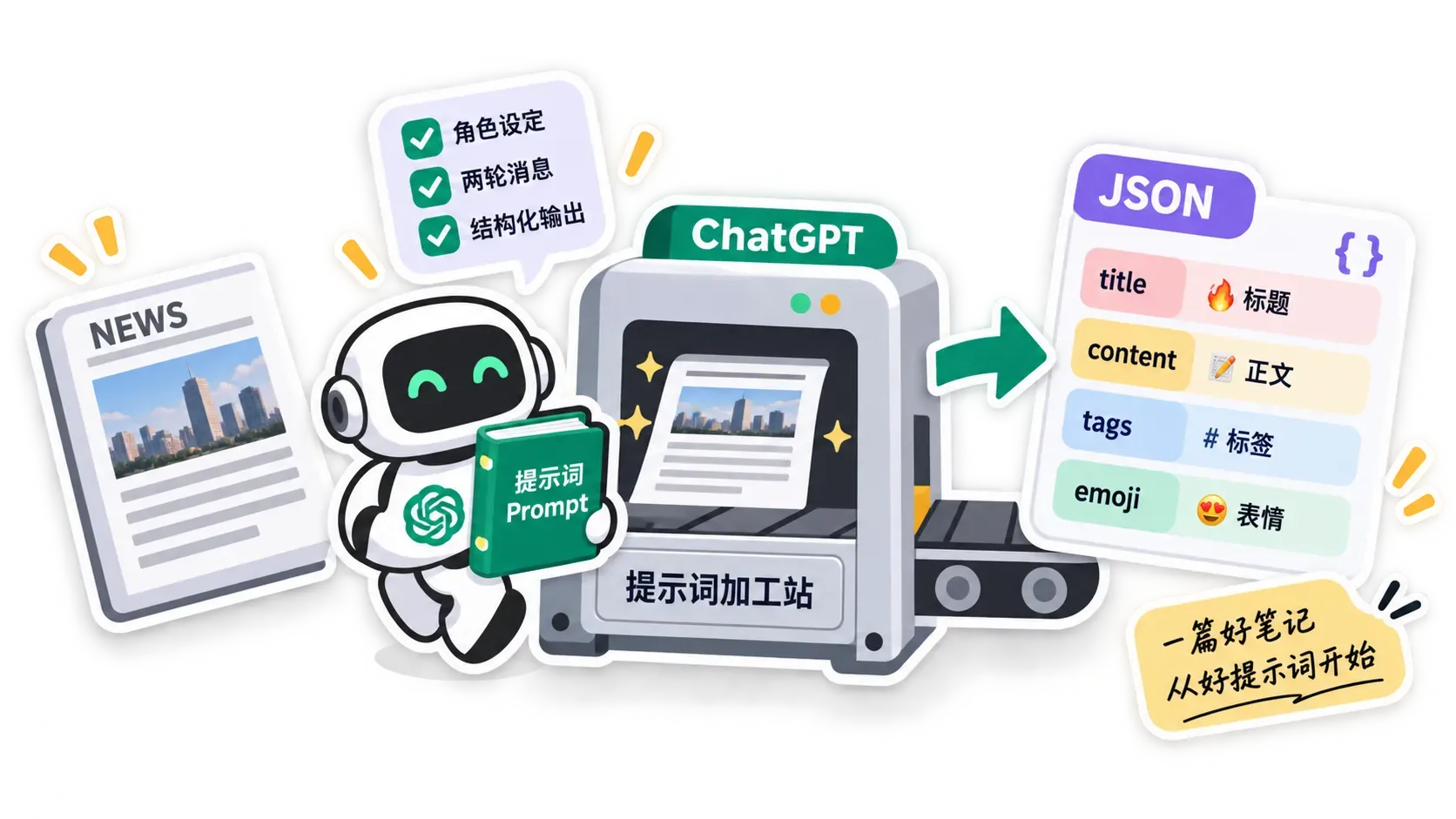 新闻文章经提示词加工站变成结构化JSON笔记字段的贴纸示意图
