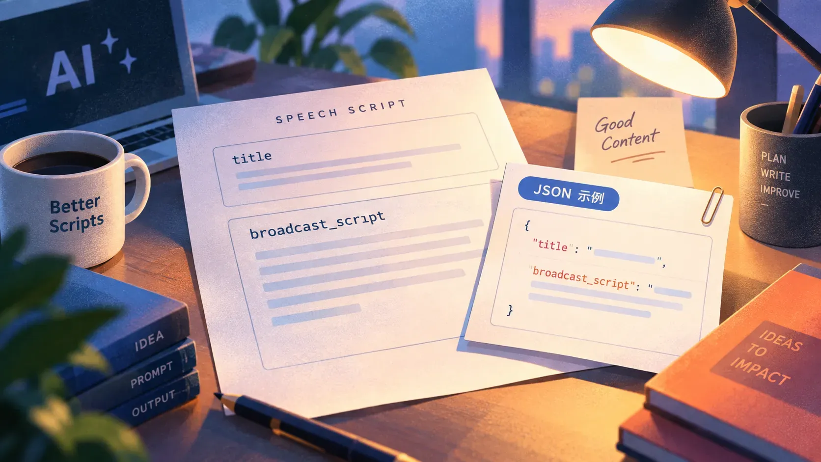带title和broadcast_script栏位的口播稿与JSON示例模板的插画