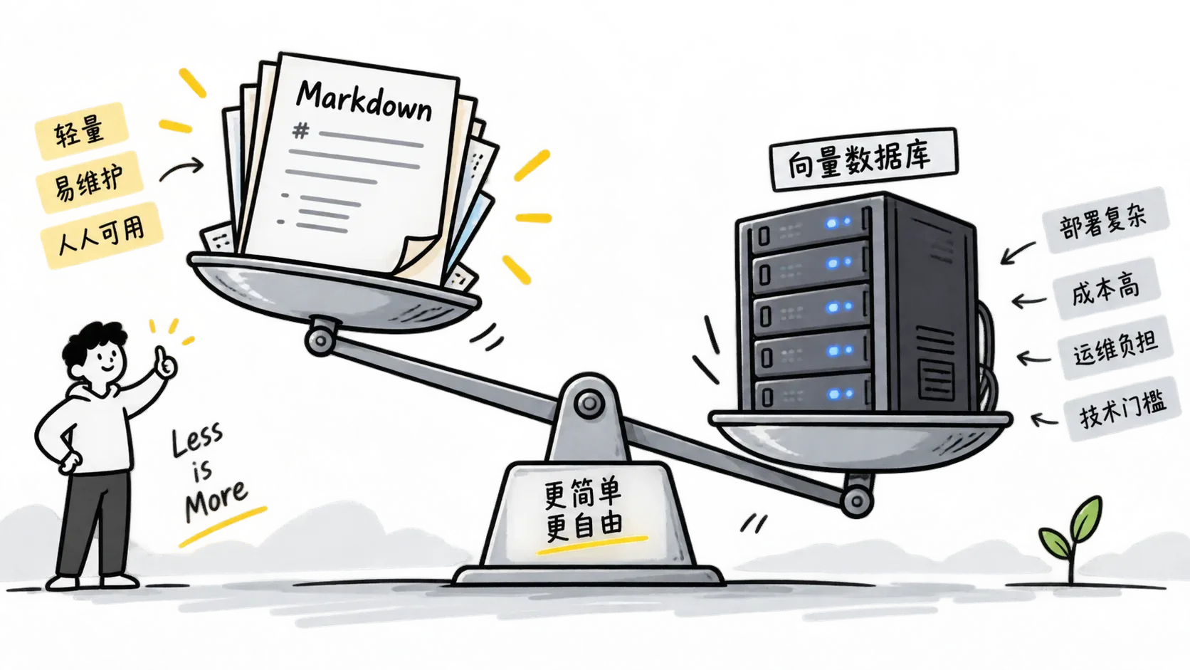 白底手绘插画，一杆天平左盘放着轻巧的 Markdown 纸页，右盘是笨重的数据库机柜，表现知识库格式选型里 Markdown 更优