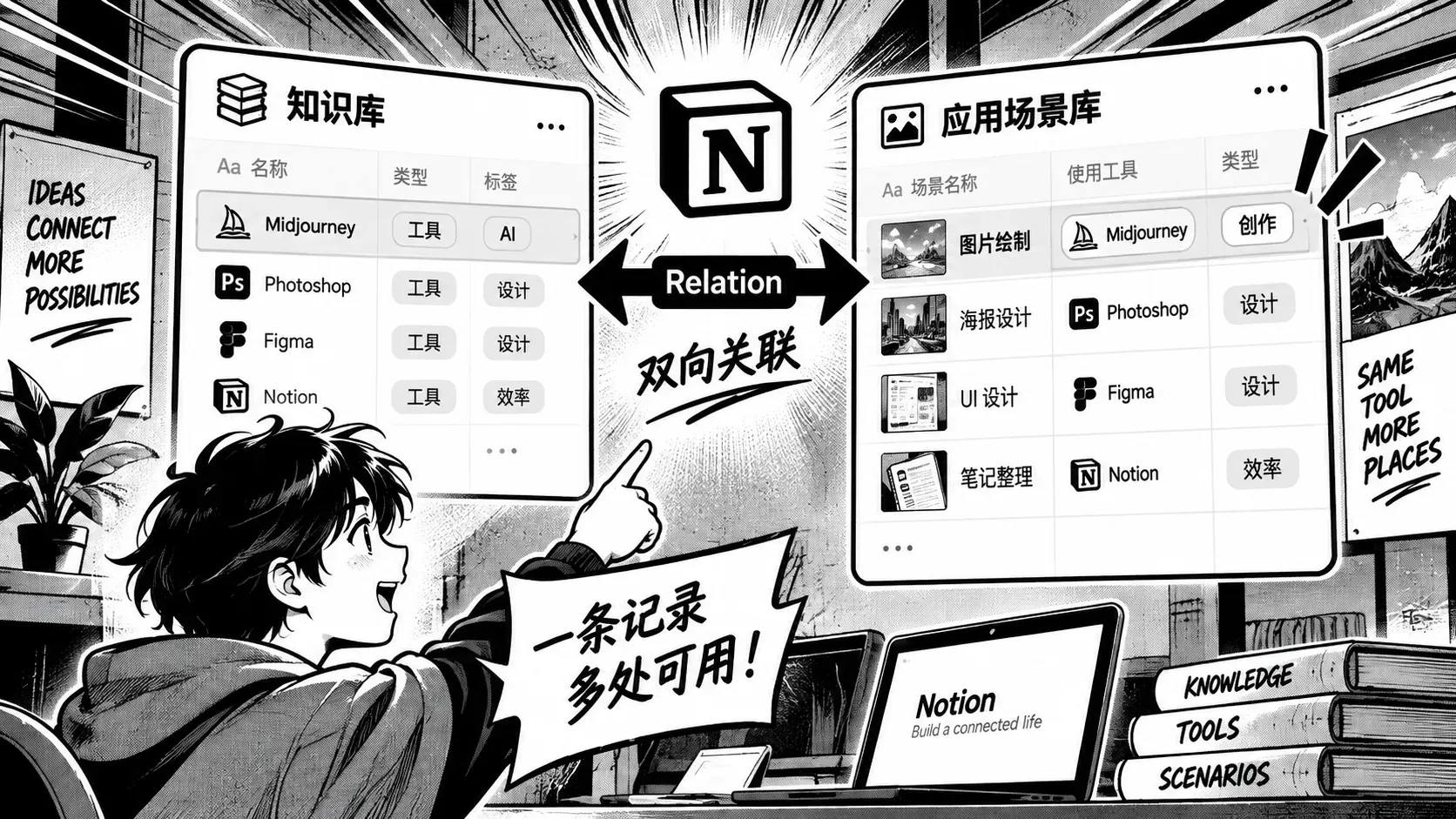 两个Notion数据库之间双向关联线把工具条目挂进应用场景面板的示意图