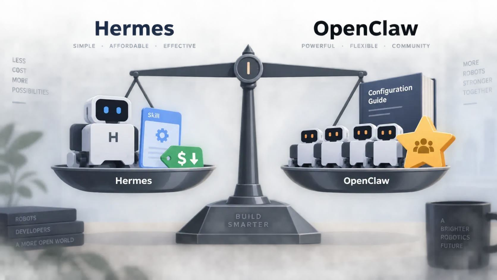 信息图对比 Hermes 与 OpenClaw，天平左盘是 Hermes 单机器人、技能卡片和低价签，右盘是 OpenClaw 一排机器人、厚配置手册和社区星标，横梁分布六个刻度