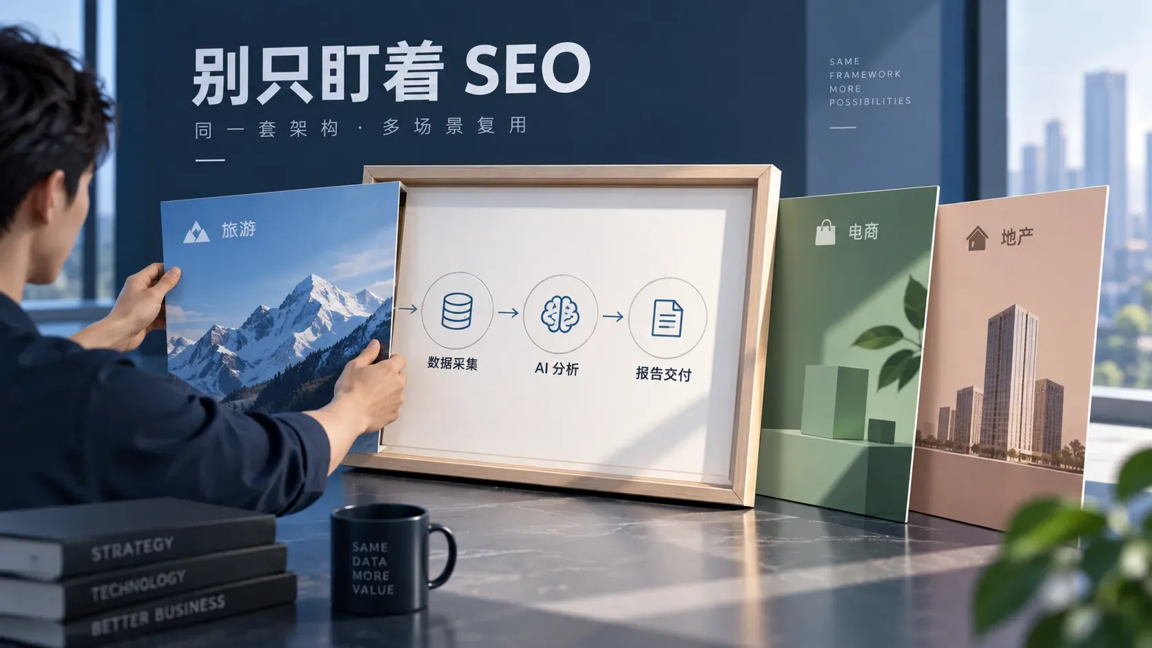 架构复用图解,一副画框装着三段骨架简图,三种备选画芯代表不同应用场景